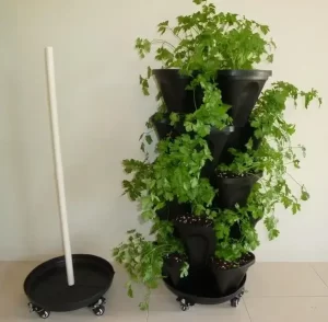 black vertical stacking planter with heavy duty trolley